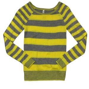 Areopostale Neon Yellow Gray Striped Long Sleeve Crewneck Sweater SP